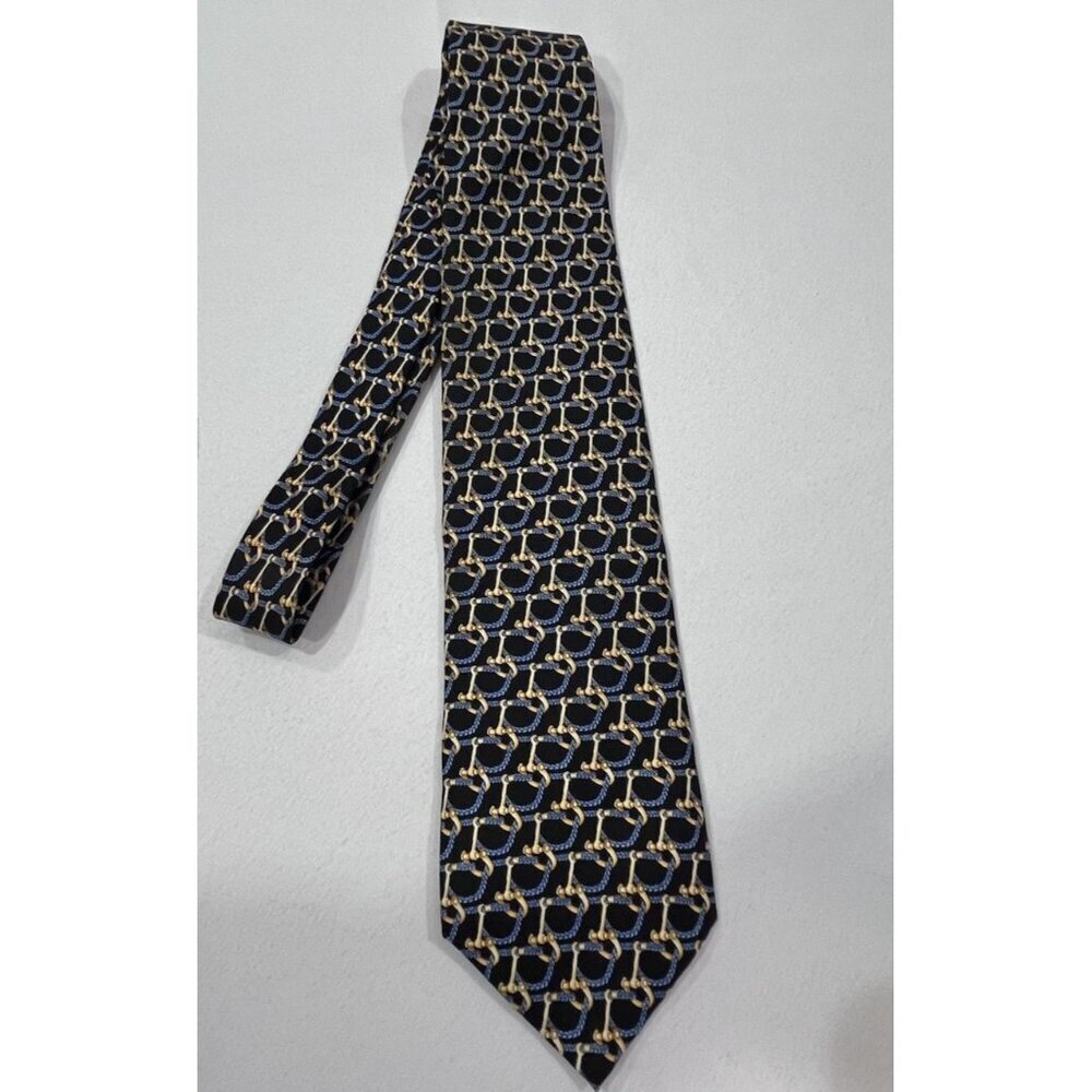 Dormeuil Paris Silk French Tie * Gold w/ Blue Pattern 58-59 3 3/4in.